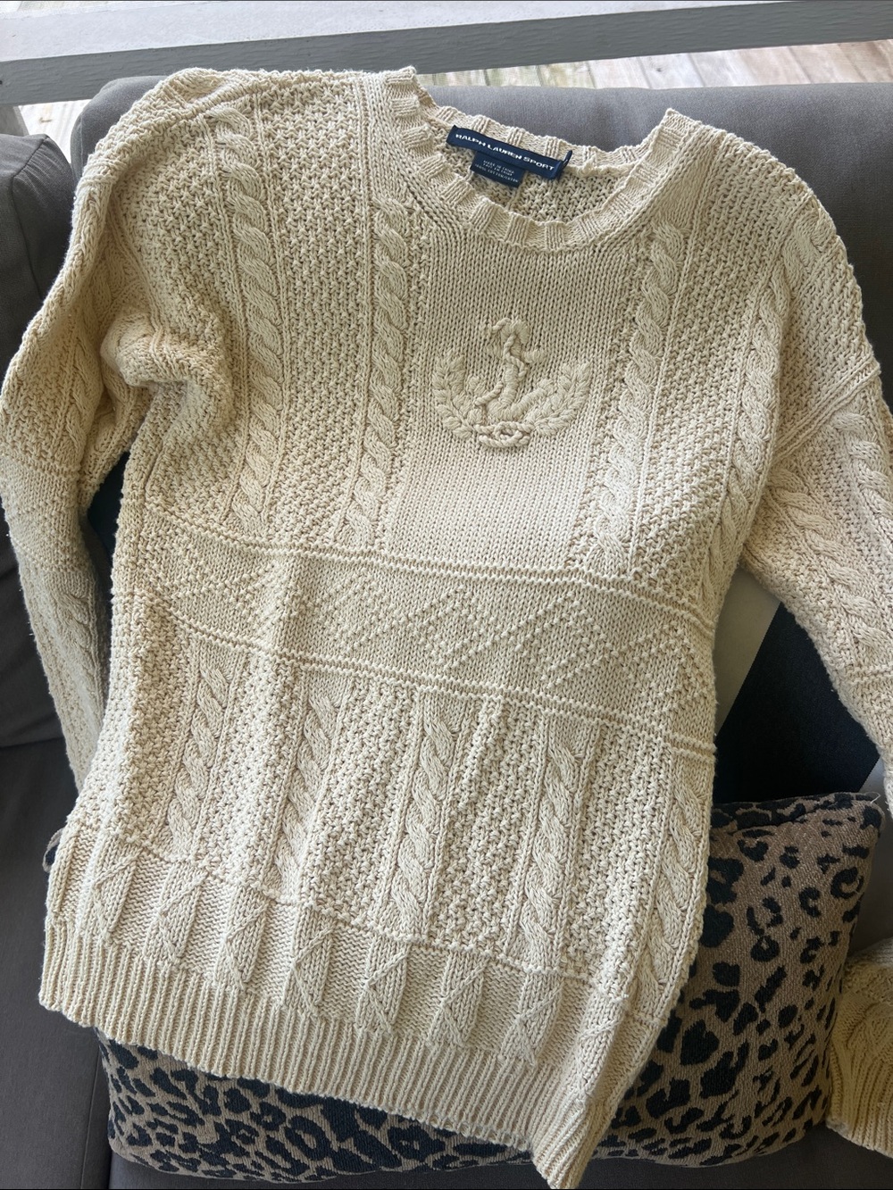 Vintage Lauren Ralph Lauren Ivory Cable-Knit Crew Sweater with Crest